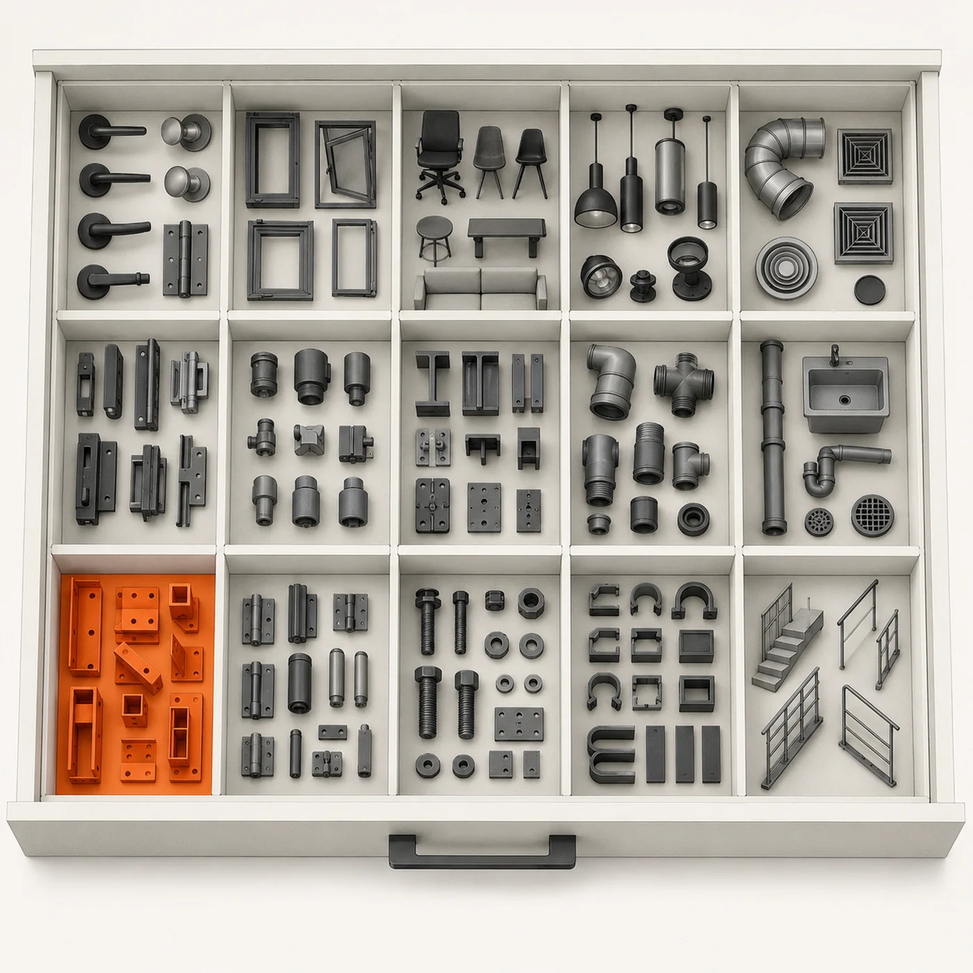 Top view of an architect's drawer with Revit components sorted into labelled compartments